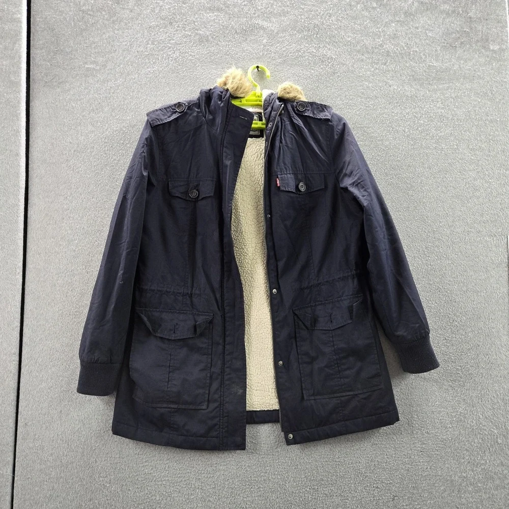 Levi's Women Jacket L Blue Parka Utility Faux Fur Hooded Sherpa Lined READ